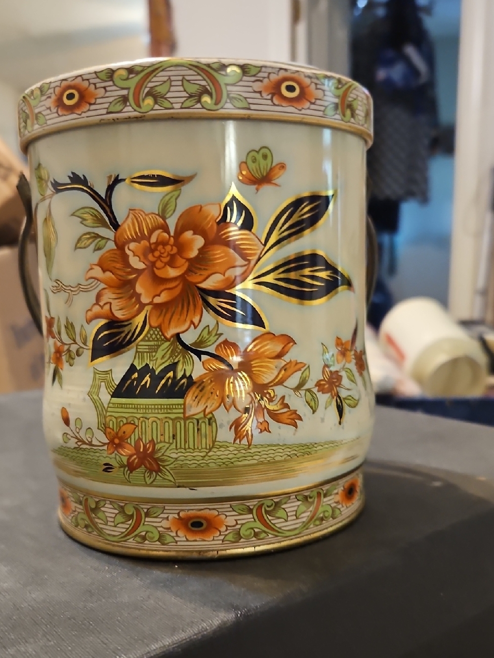 Decorative Floral Ceramic Canister - Orange & Gold Floral Design